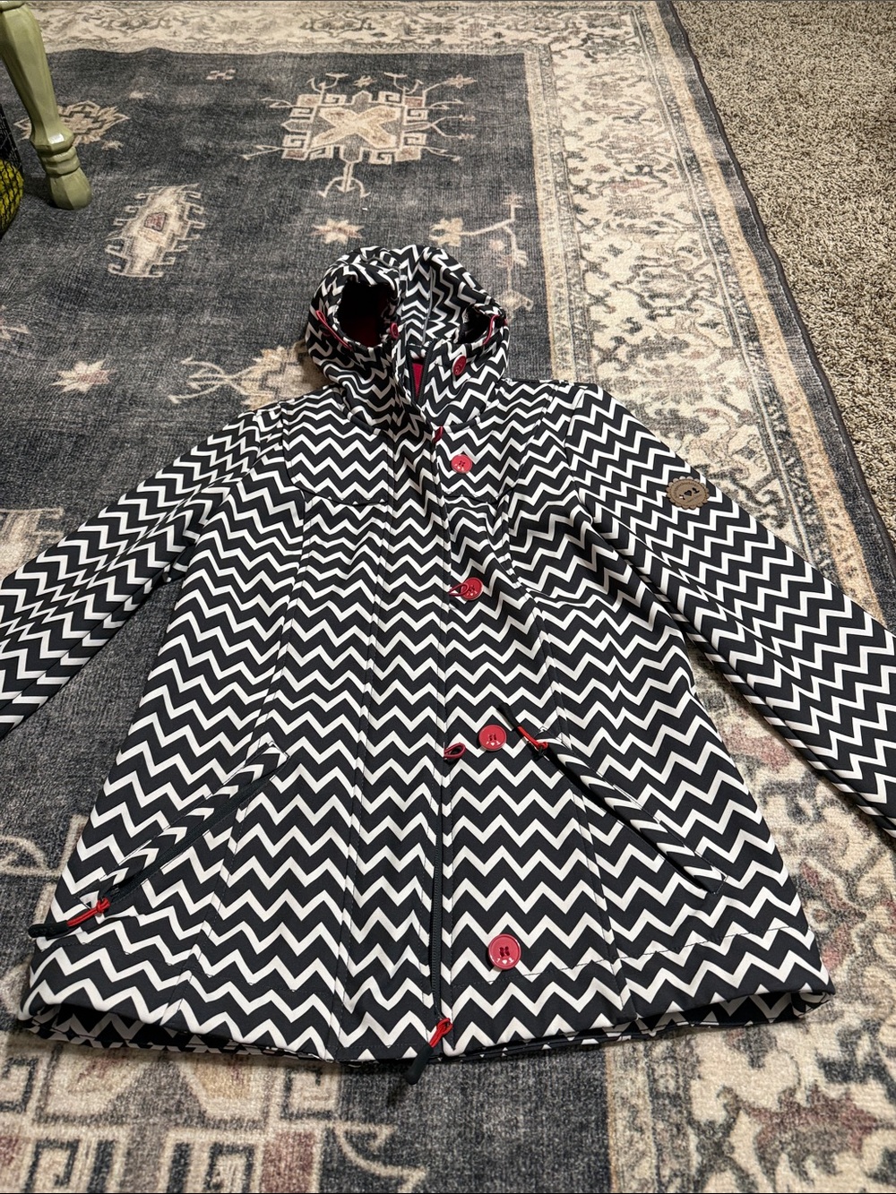 Chevron Hooded Utility Jacket in Black & White with Red Accents
